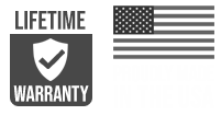 Lifetime warranty icon and proudly made in the USA icon.
